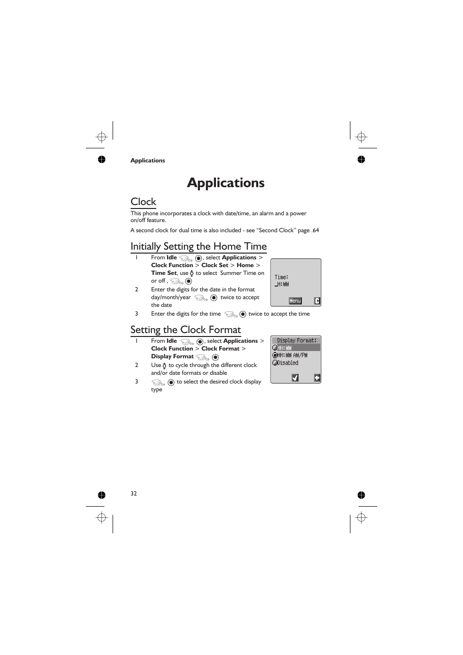 Applications, Clock, Initially setting the home time | Setting the clock format | Panasonic EB-GD67 User Manual | Page 46 / 100