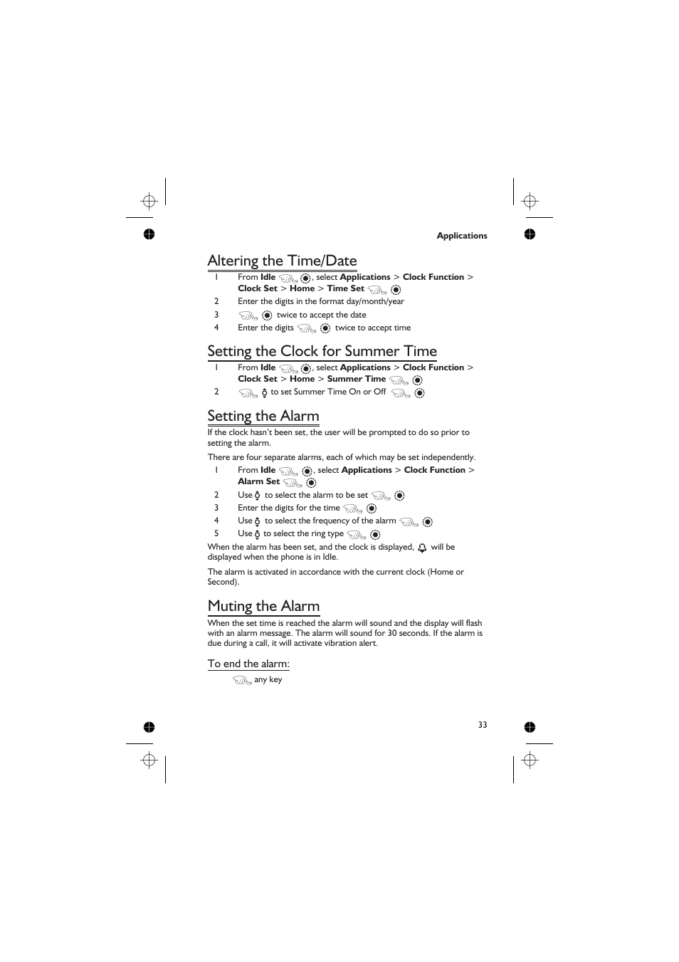 Altering the time/date, Setting the clock for summer time, Setting the alarm | Muting the alarm | Panasonic EB-GD67 User Manual | Page 47 / 100