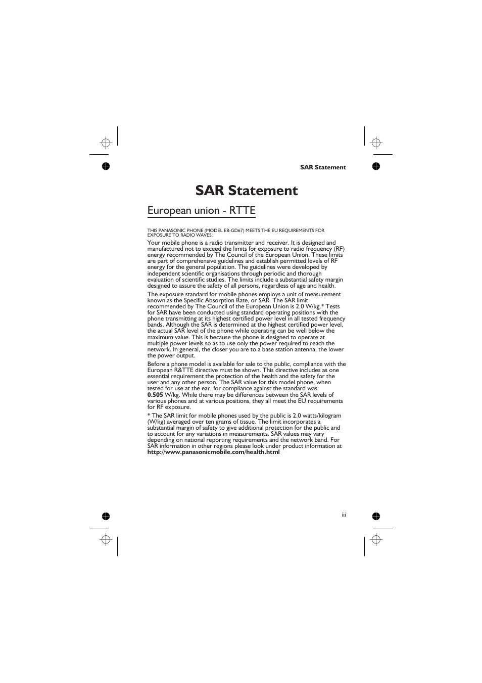 Sar statement, European union - rtte | Panasonic EB-GD67 User Manual | Page 5 / 100