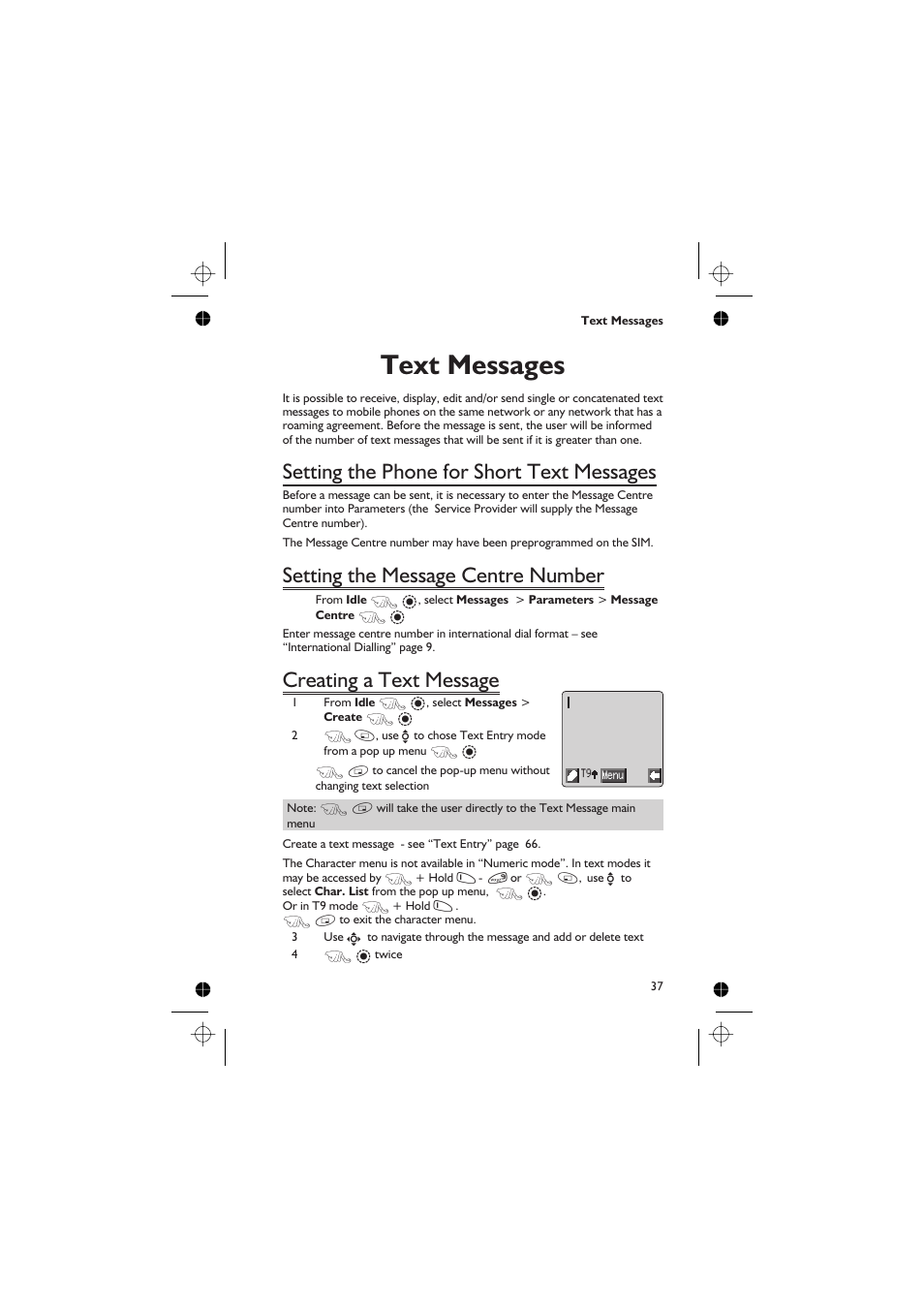 Text messages, Setting the phone for short text messages, Setting the message centre number | Creating a text message | Panasonic EB-GD67 User Manual | Page 51 / 100