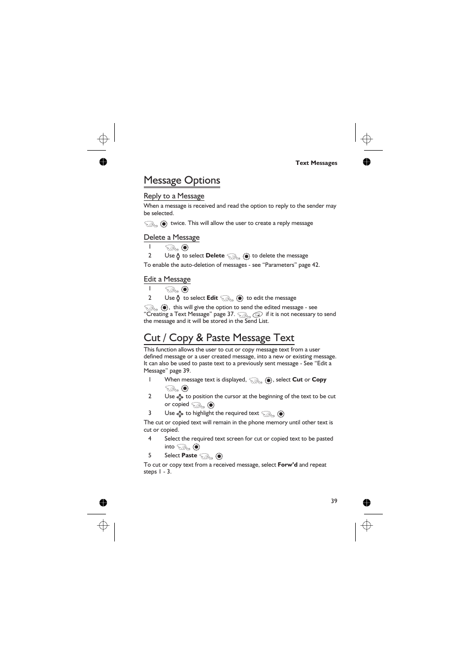 Message options, Cut / copy & paste message text | Panasonic EB-GD67 User Manual | Page 53 / 100