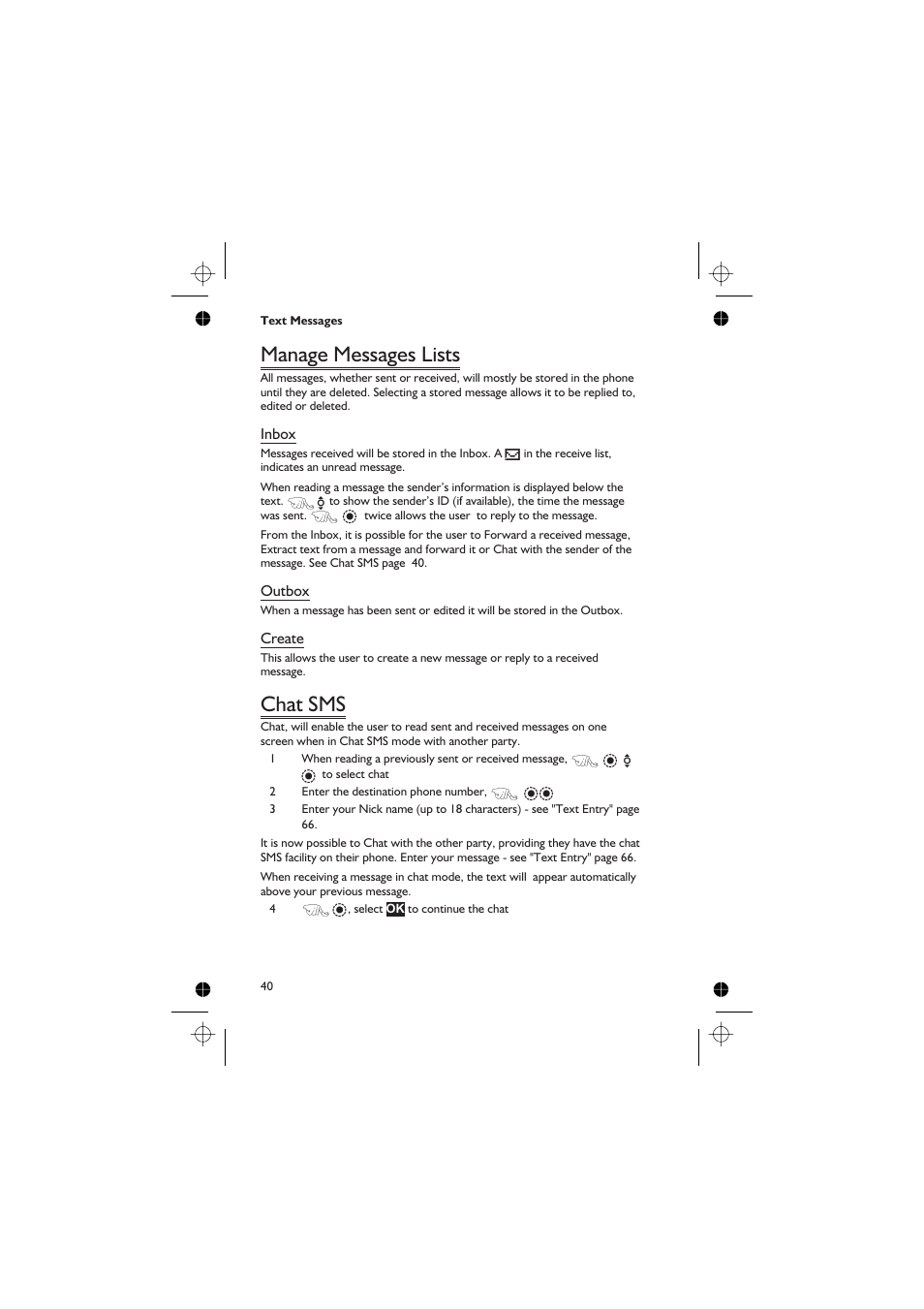 Manage messages lists, Chat sms | Panasonic EB-GD67 User Manual | Page 54 / 100