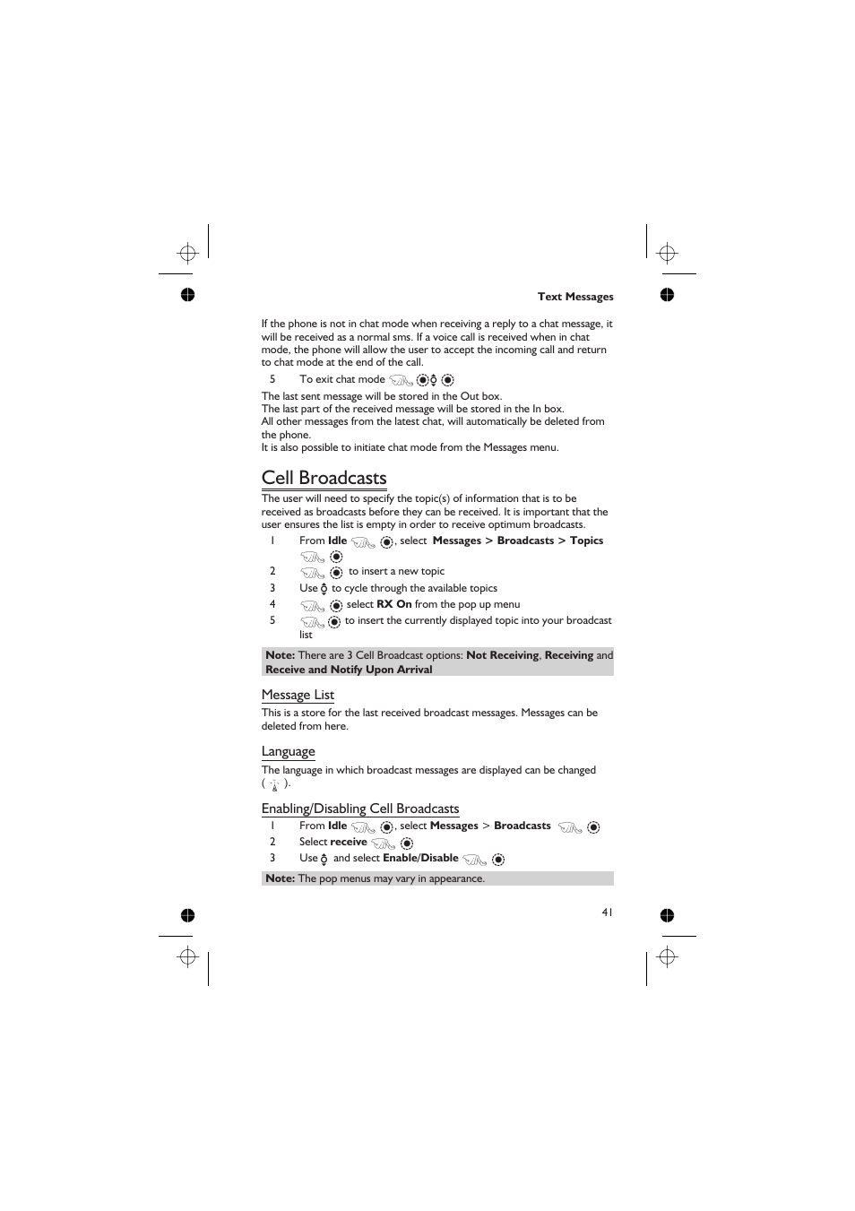 Cell broadcasts, Message list, Language | Enabling/disabling cell broadcasts | Panasonic EB-GD67 User Manual | Page 55 / 100