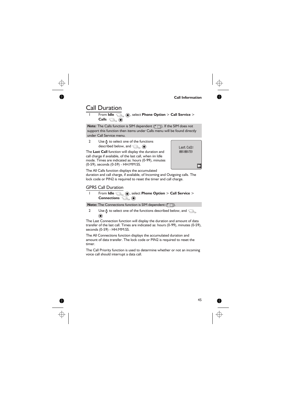 Call duration, Gprs call duration | Panasonic EB-GD67 User Manual | Page 59 / 100