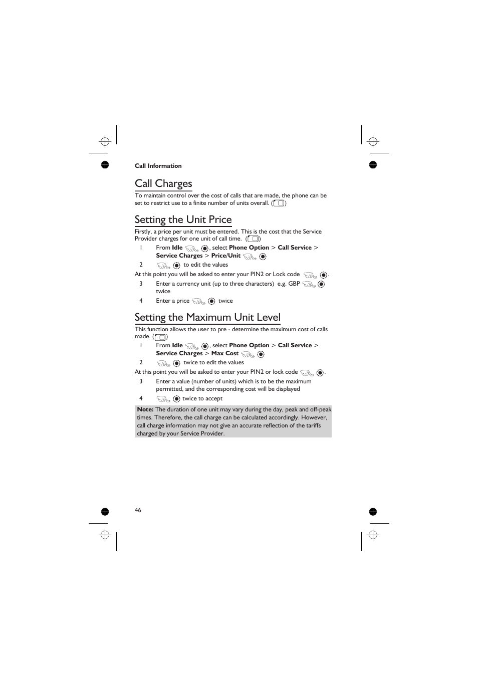 Call charges, Setting the unit price, Setting the maximum unit level | Panasonic EB-GD67 User Manual | Page 60 / 100