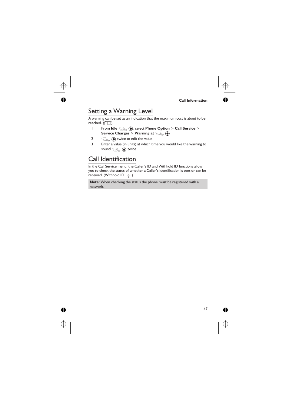 Setting a warning level, Call identification | Panasonic EB-GD67 User Manual | Page 61 / 100