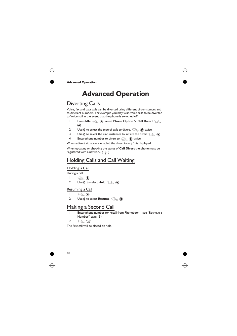 Advanced operation, Diverting calls, Holding calls and call waiting | Making a second call | Panasonic EB-GD67 User Manual | Page 62 / 100