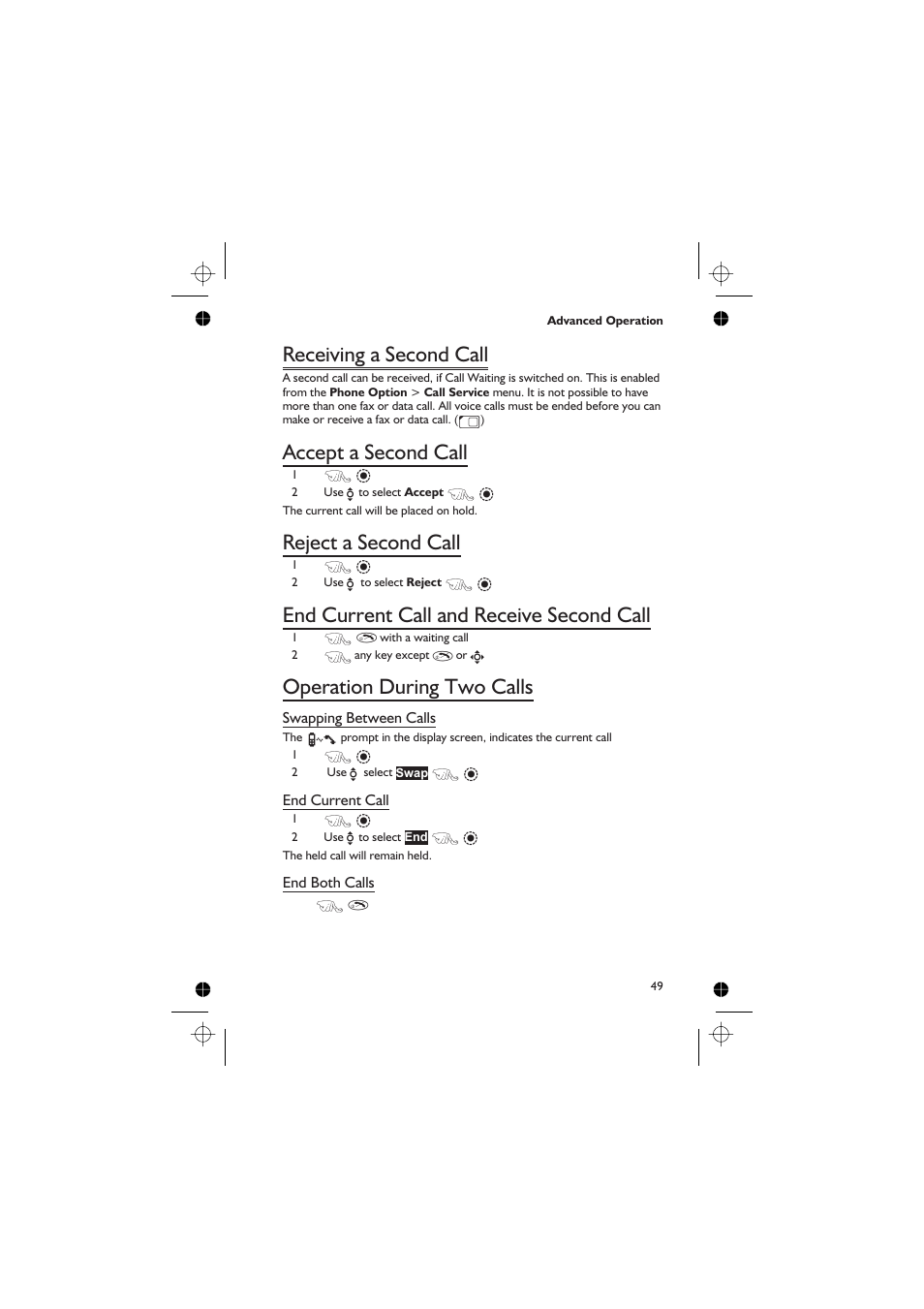 Receiving a second call, Accept a second call, Reject a second call | End current call and receive second call, Operation during two calls | Panasonic EB-GD67 User Manual | Page 63 / 100