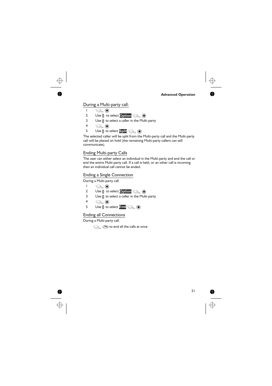 During a multi-party call, Ending multi-party calls, Ending a single connection | Ending all connections | Panasonic EB-GD67 User Manual | Page 65 / 100