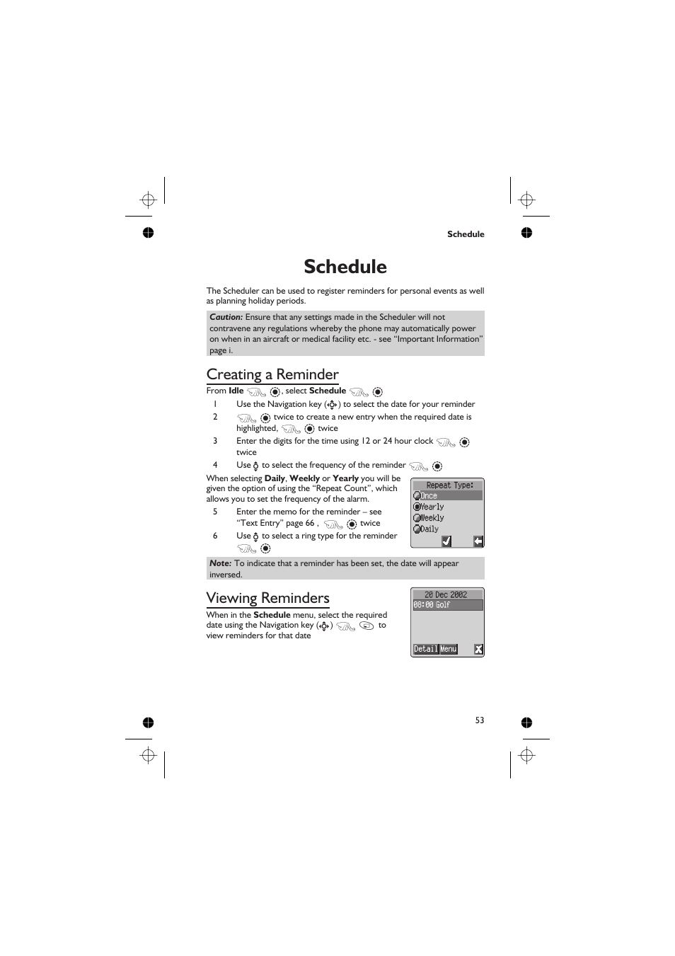 Schedule, Creating a reminder, Viewing reminders | Panasonic EB-GD67 User Manual | Page 67 / 100