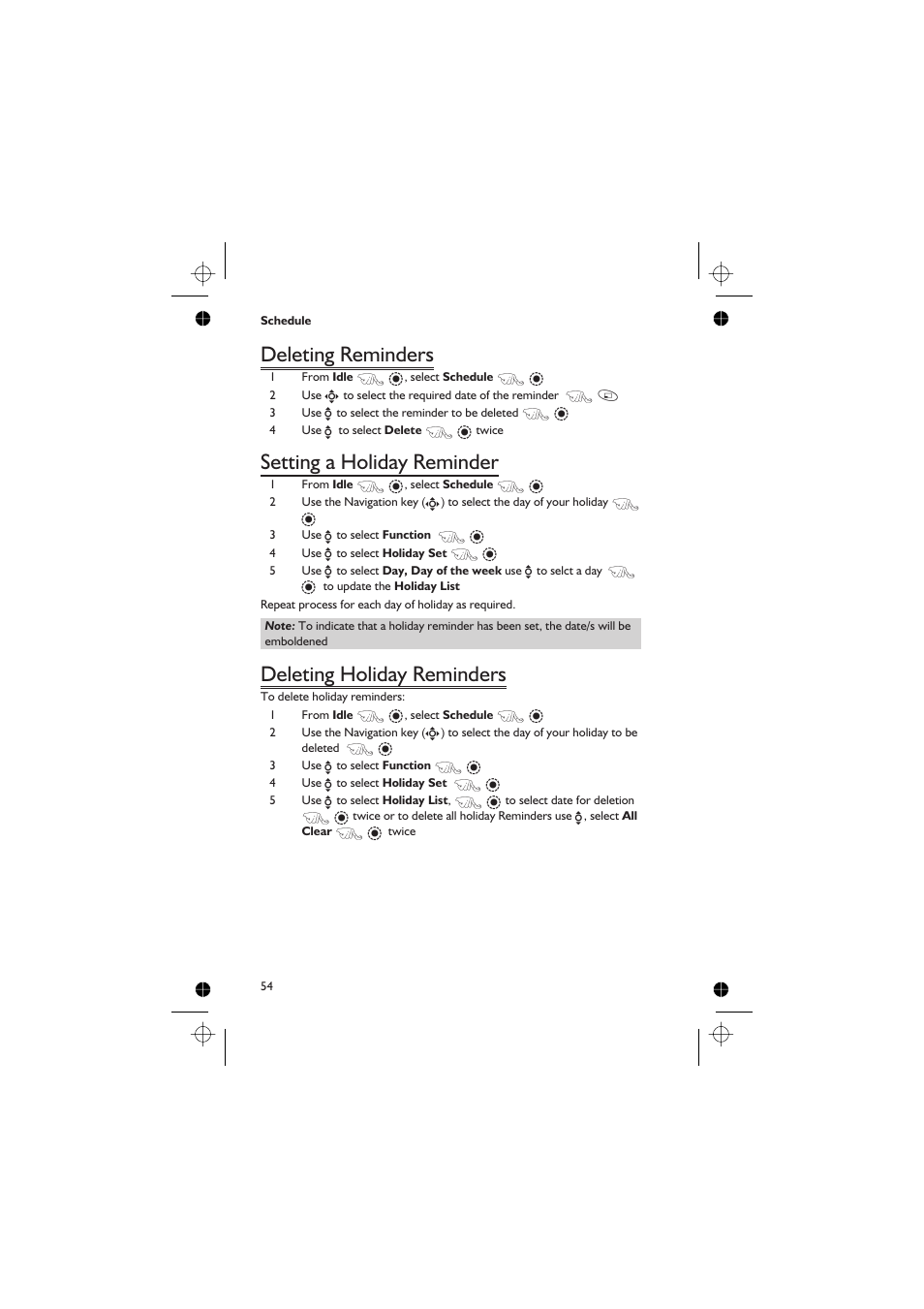 Deleting reminders, Setting a holiday reminder, Deleting holiday reminders | Panasonic EB-GD67 User Manual | Page 68 / 100