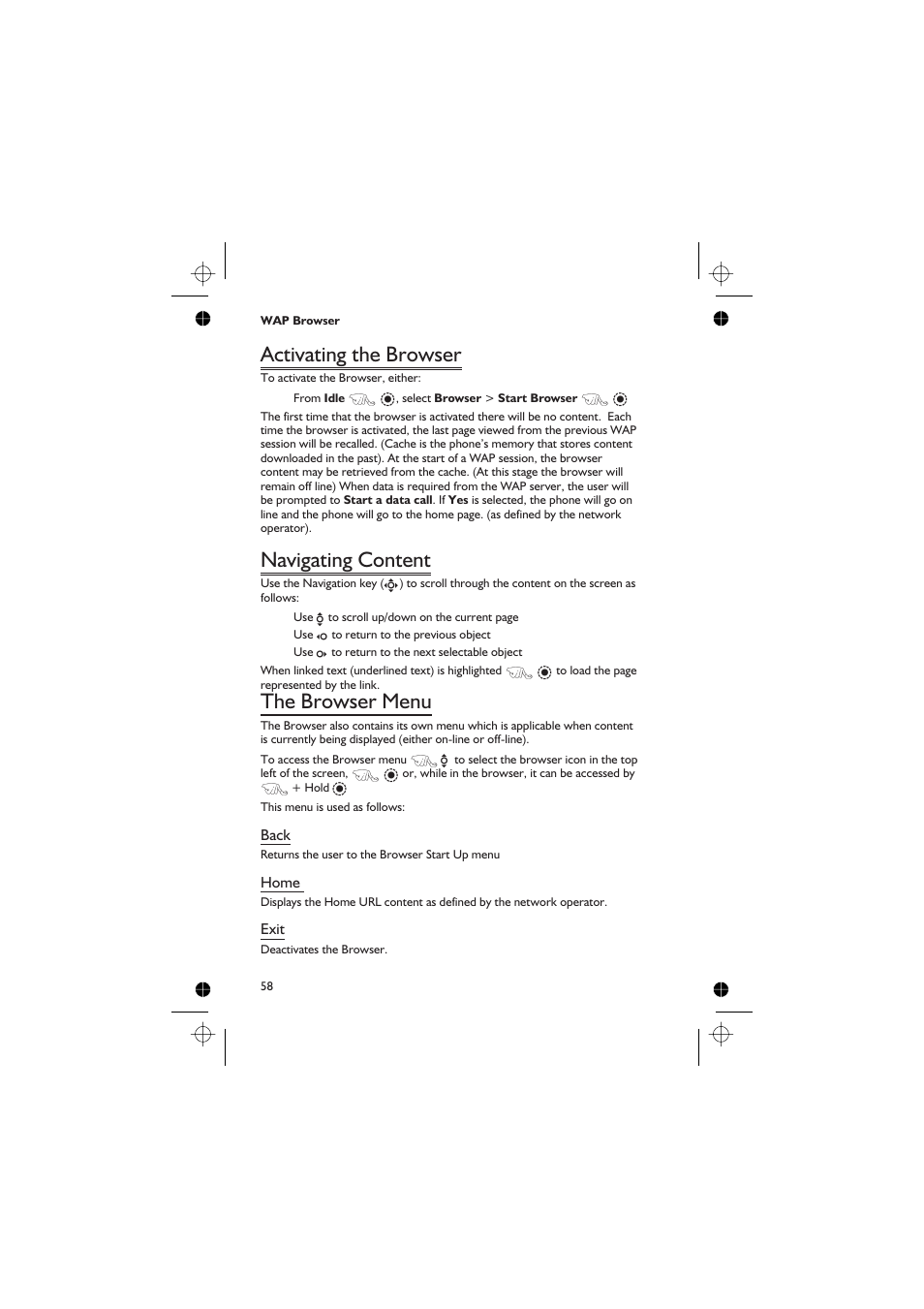 Activating the browser, Navigating content, The browser menu | Panasonic EB-GD67 User Manual | Page 72 / 100