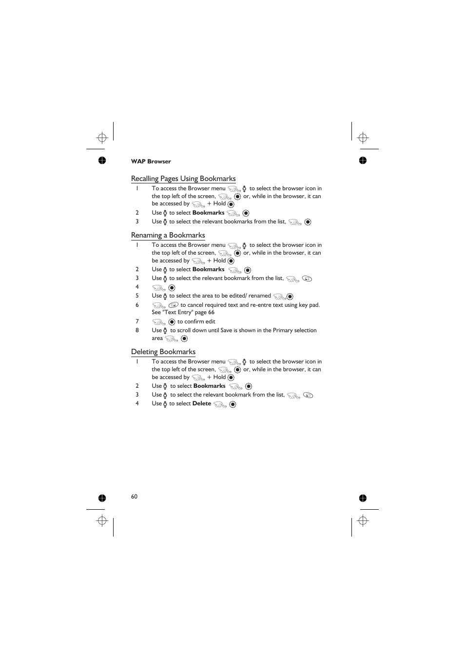 Recalling pages using bookmarks, Renaming a bookmarks, Deleting bookmarks | Panasonic EB-GD67 User Manual | Page 74 / 100