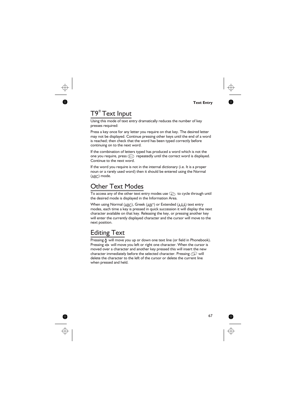 Text input, Other text modes, Editing text | Panasonic EB-GD67 User Manual | Page 81 / 100