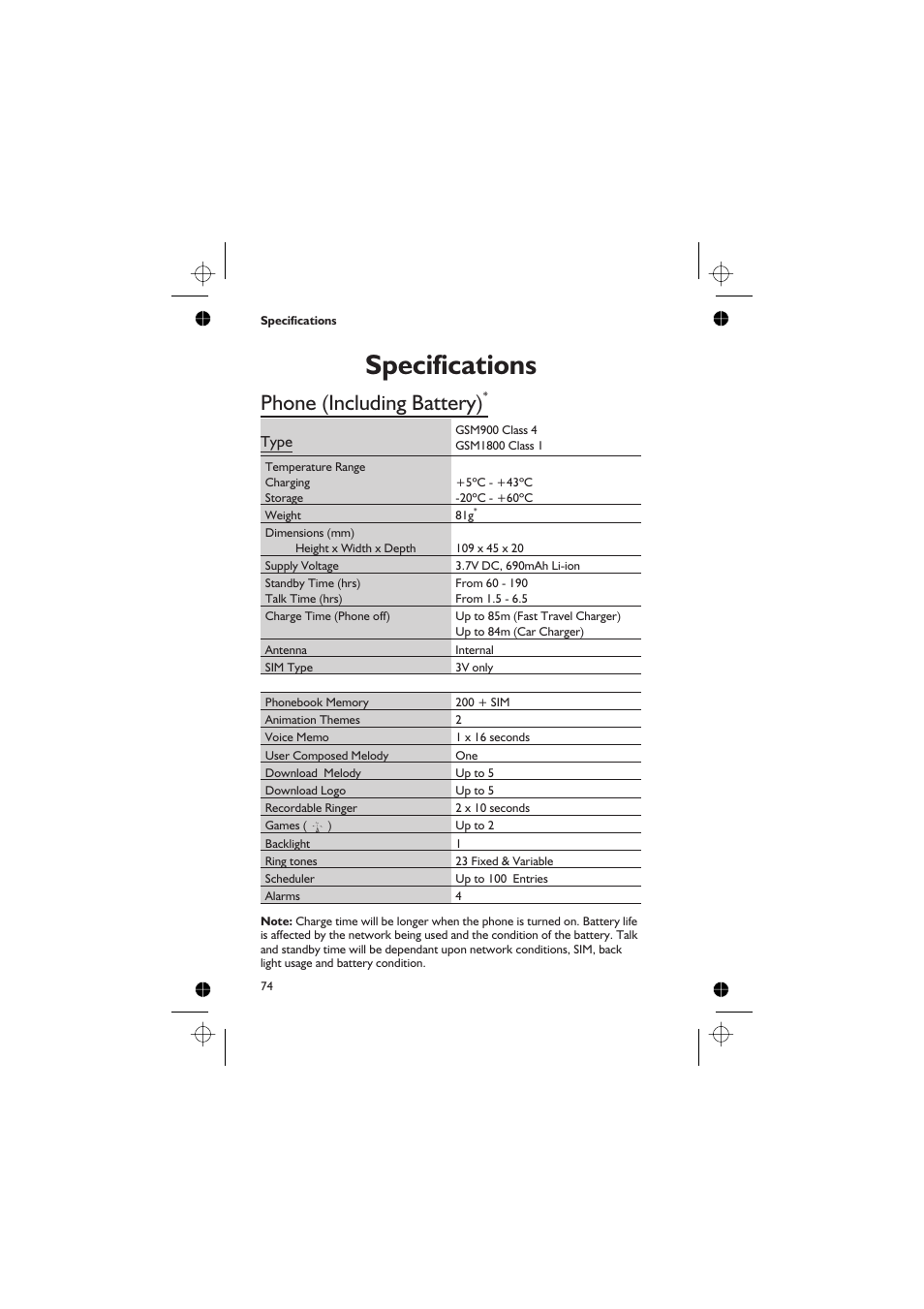 Specifications, Phone (including battery), Type | Panasonic EB-GD67 User Manual | Page 88 / 100