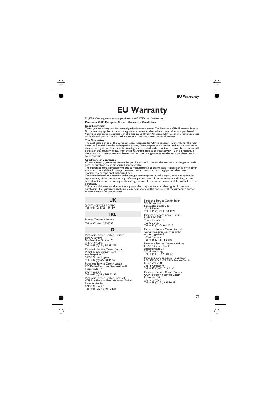 Eu warranty | Panasonic EB-GD67 User Manual | Page 89 / 100