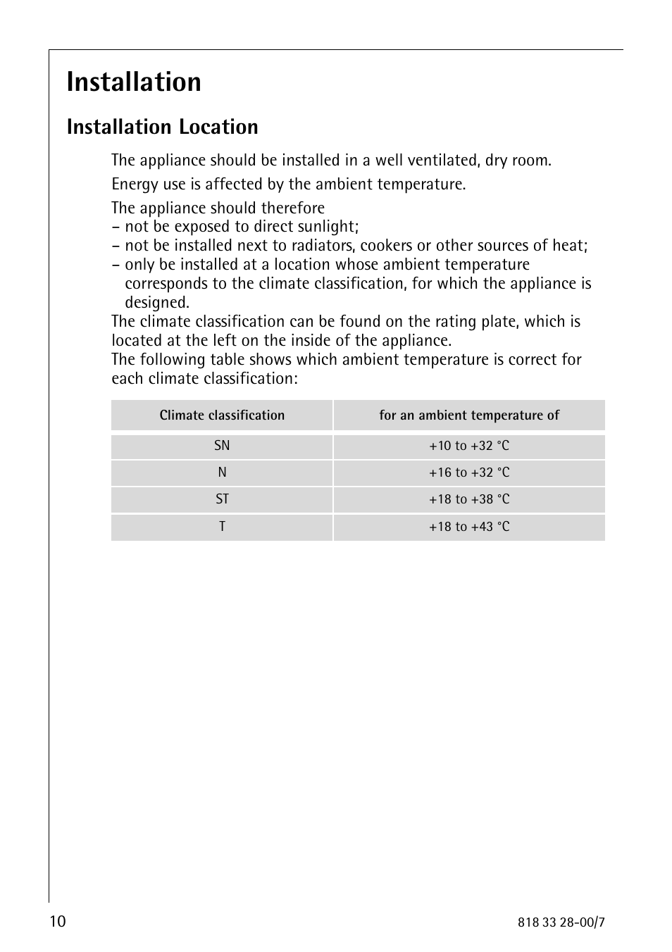 Installation, Installation location | Electrolux 72348 KA User Manual | Page 10 / 36