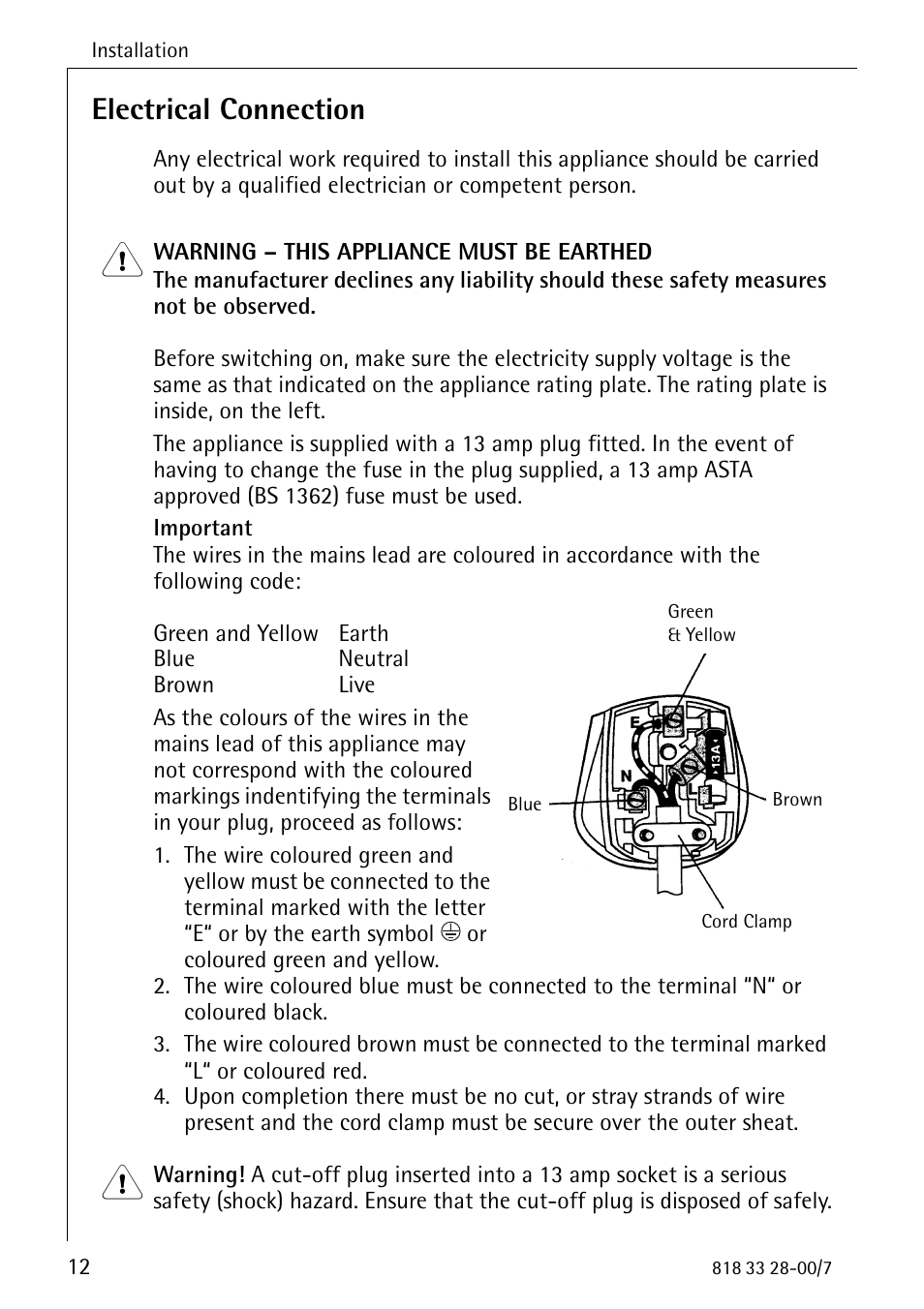 Electrical connection | Electrolux 72348 KA User Manual | Page 12 / 36