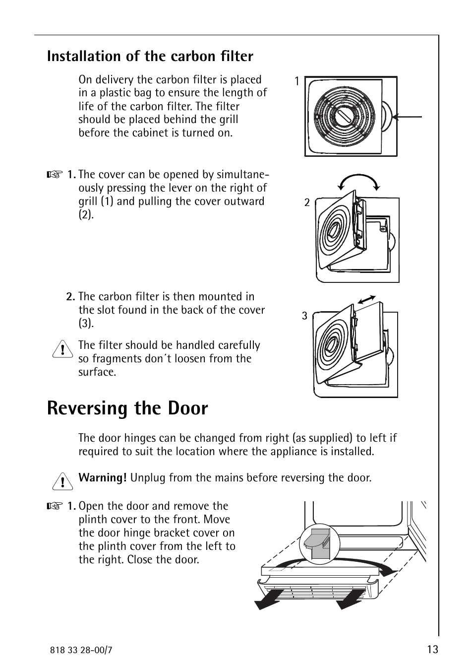 Reversing the door, Installation of the carbon filter | Electrolux 72348 KA User Manual | Page 13 / 36