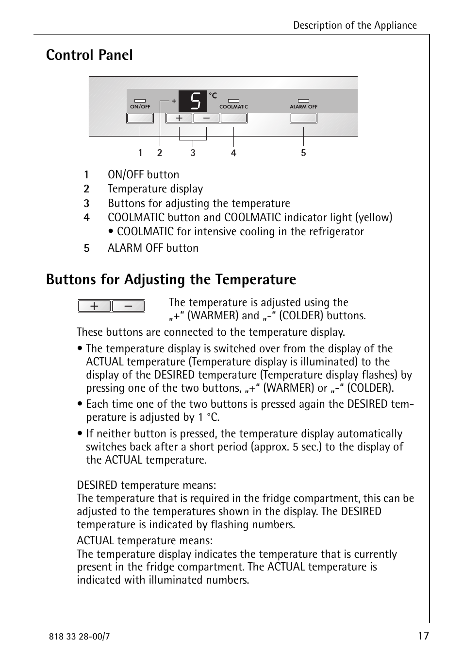 Control panel, Buttons for adjusting the temperature | Electrolux 72348 KA User Manual | Page 17 / 36