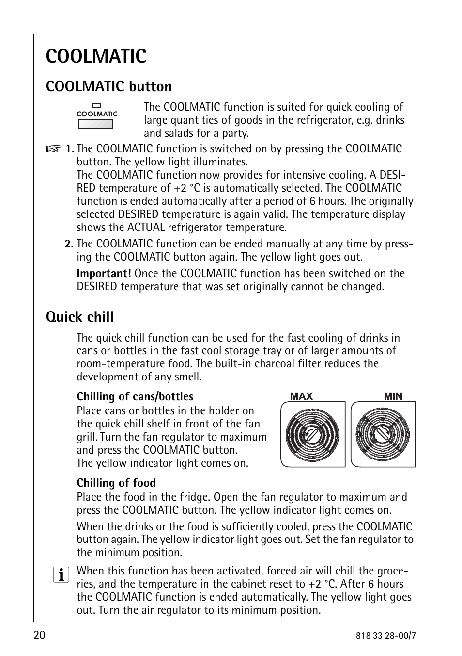 Coolmatic, Coolmatic button, Quick chill | Electrolux 72348 KA User Manual | Page 20 / 36