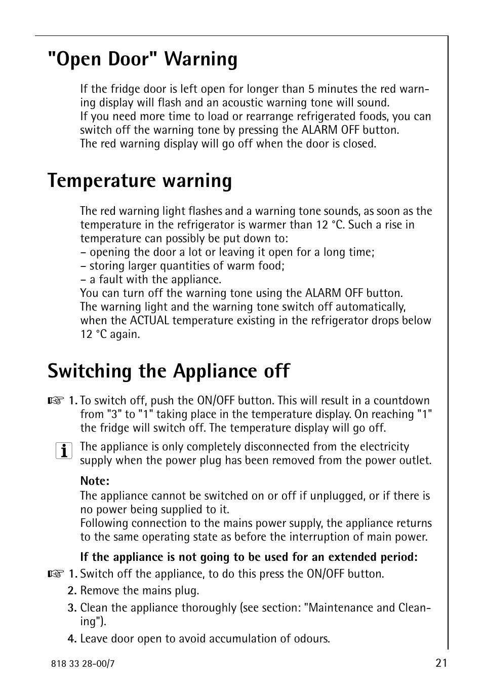 Open door" warning, Temperature warning, Switching the appliance off | Electrolux 72348 KA User Manual | Page 21 / 36