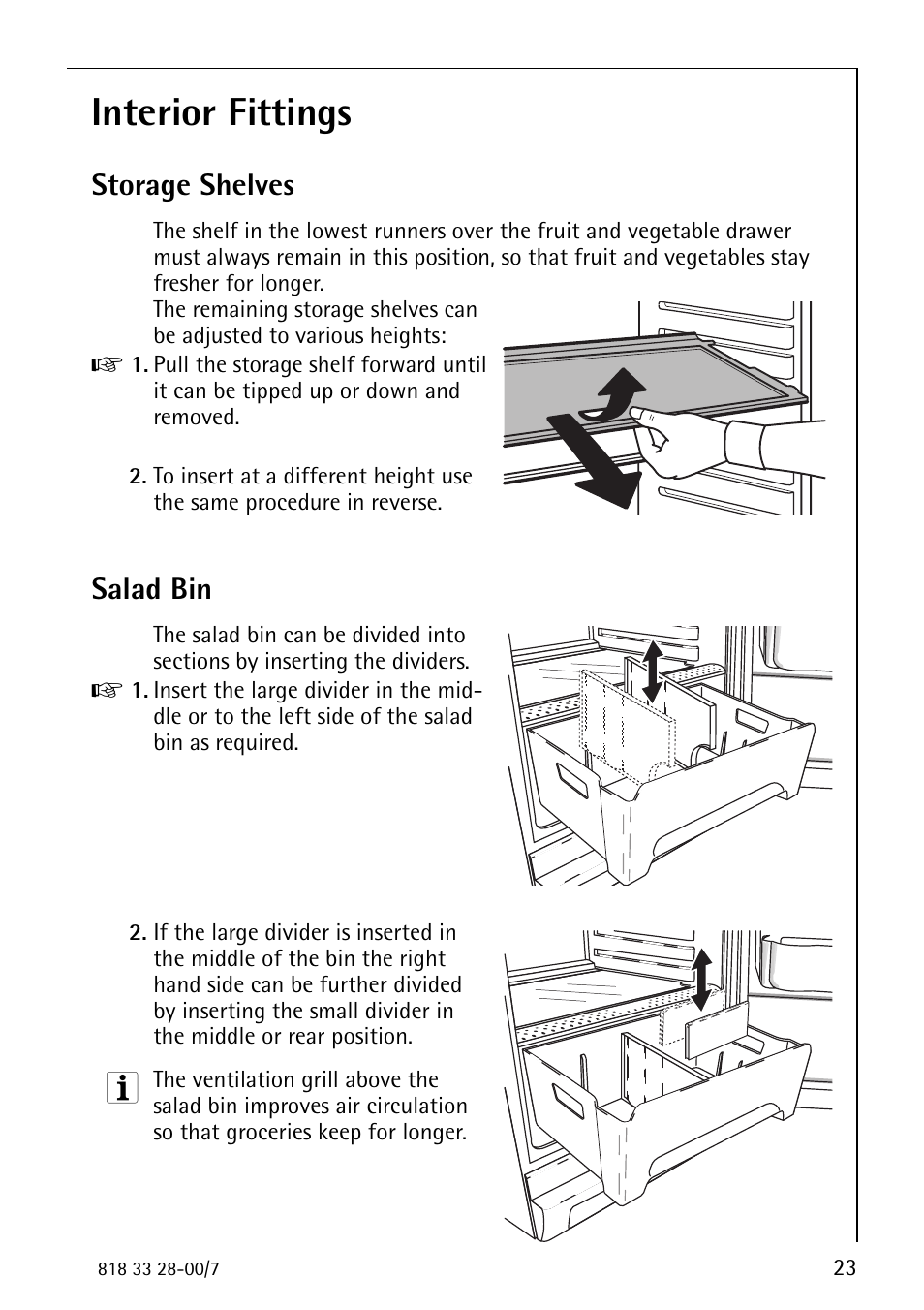 Interior fittings, Storage shelves, Salad bin | Electrolux 72348 KA User Manual | Page 23 / 36