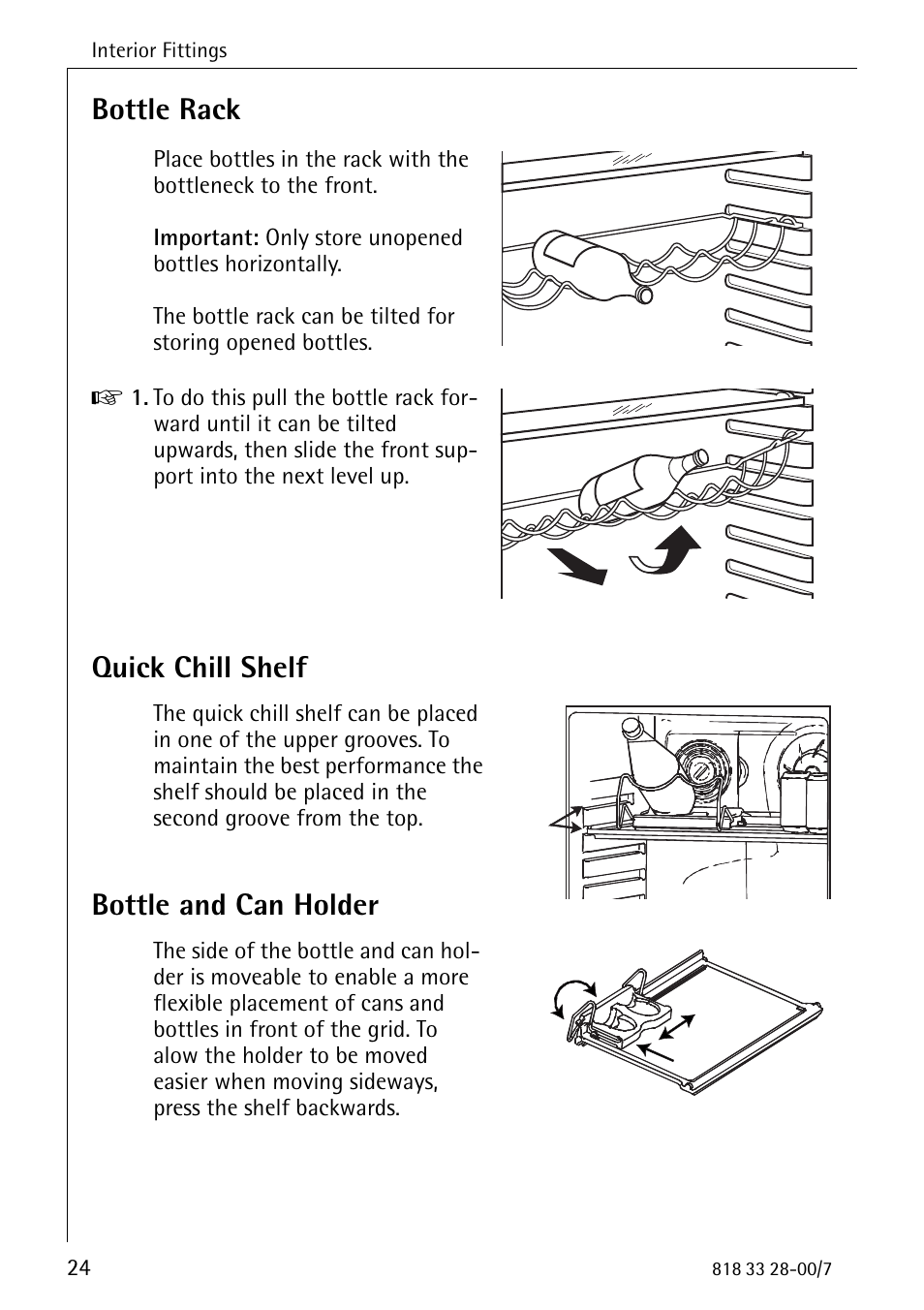 Bottle rack, Quick chill shelf, Bottle and can holder | Electrolux 72348 KA User Manual | Page 24 / 36