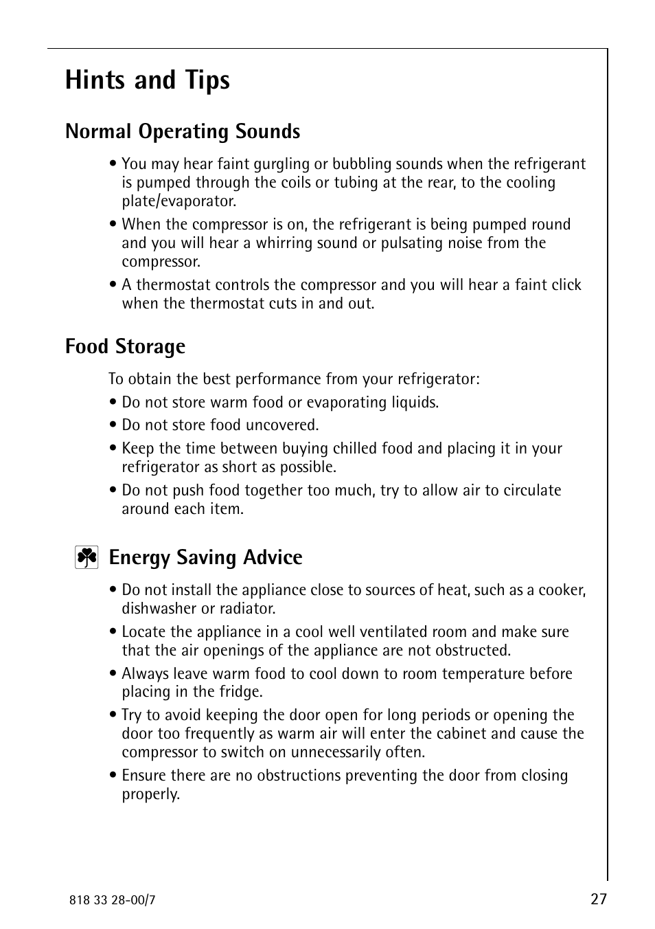 Hints and tips, Normal operating sounds, Food storage | Energy saving advice | Electrolux 72348 KA User Manual | Page 27 / 36