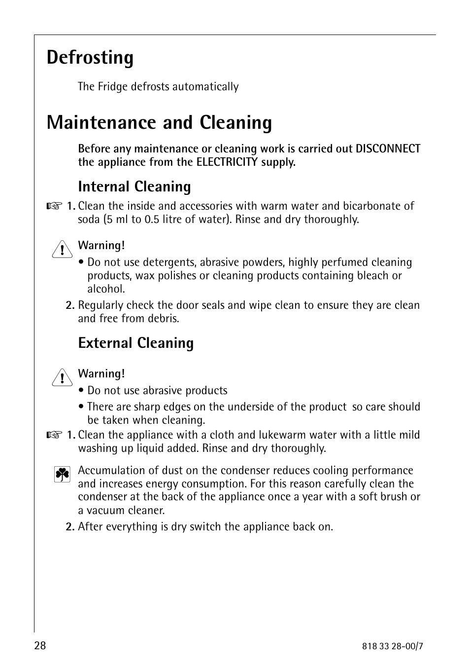 Defrosting, Maintenance and cleaning, Internal cleaning | External cleaning | Electrolux 72348 KA User Manual | Page 28 / 36