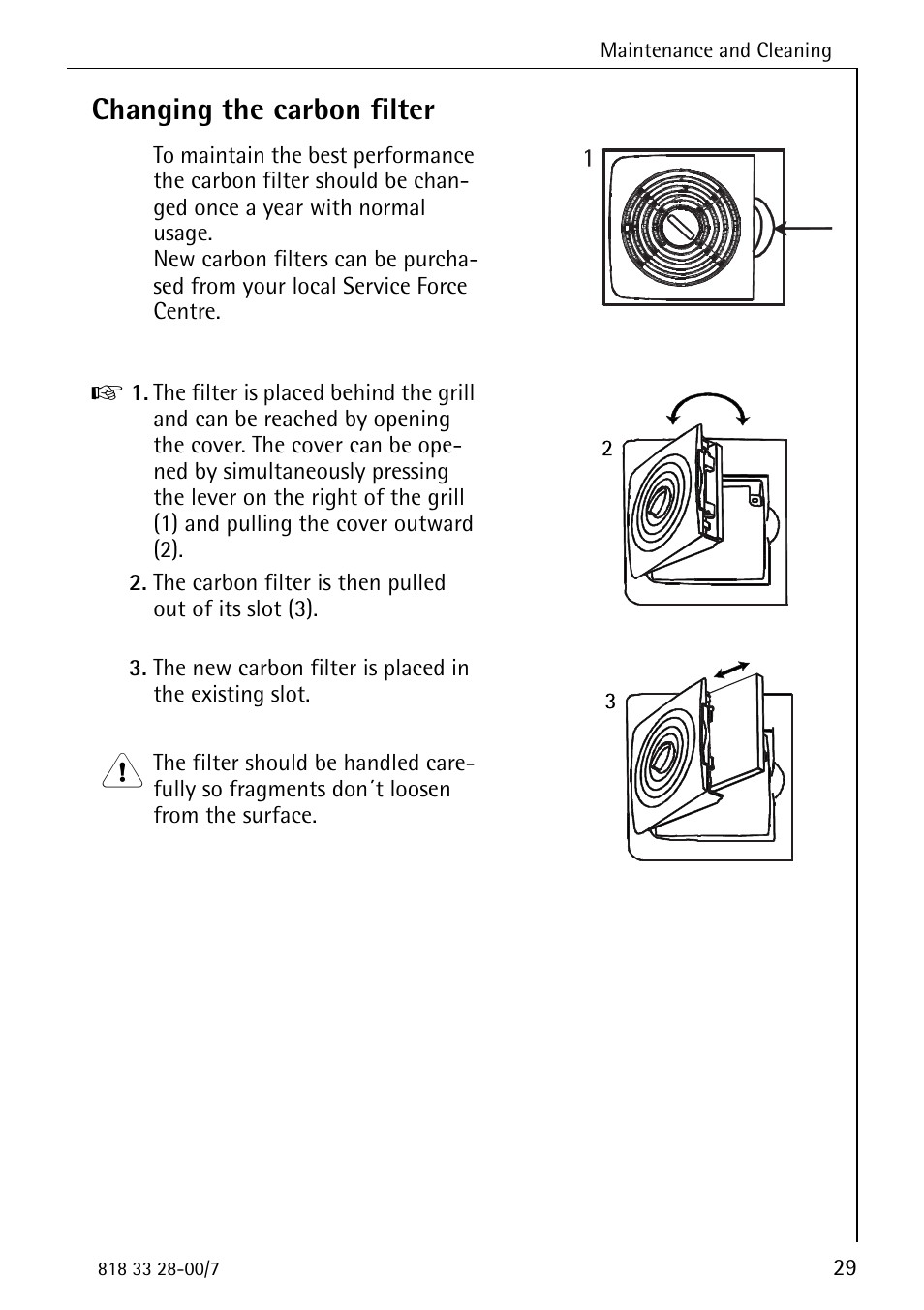 Changing the carbon filter | Electrolux 72348 KA User Manual | Page 29 / 36