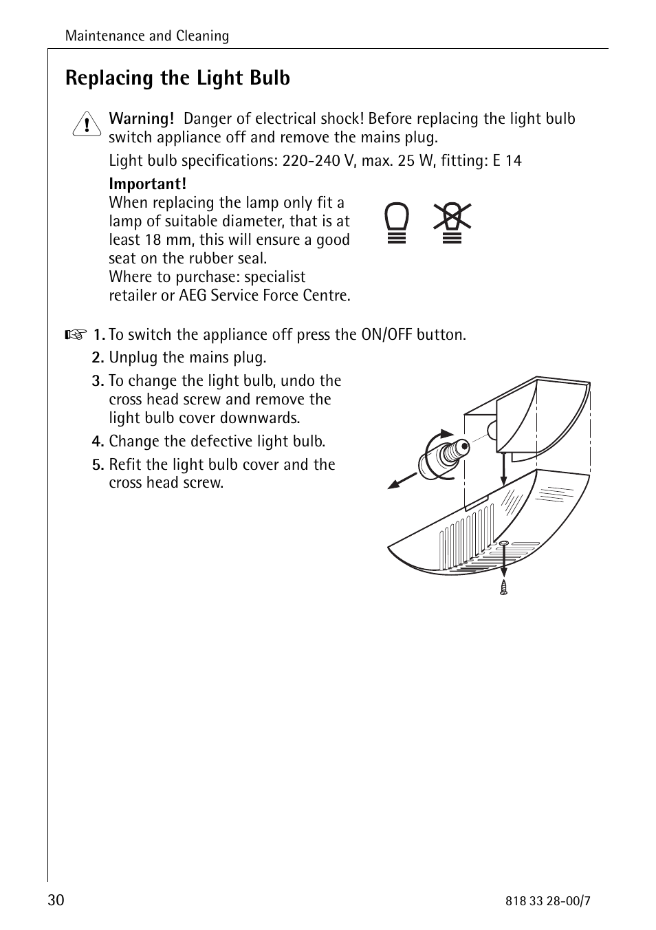 Replacing the light bulb | Electrolux 72348 KA User Manual | Page 30 / 36