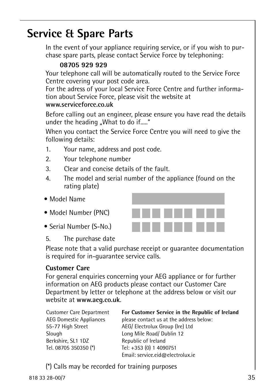 Service & spare parts | Electrolux 72348 KA User Manual | Page 35 / 36