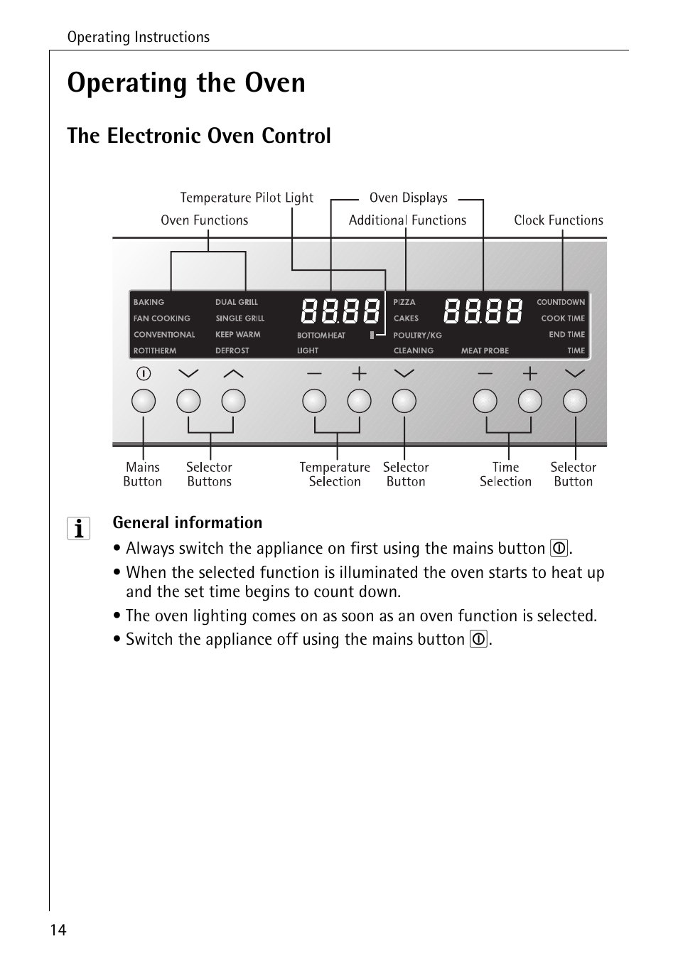 Operating the oven, The electronic oven control | Electrolux B8340-1 User Manual | Page 14 / 80