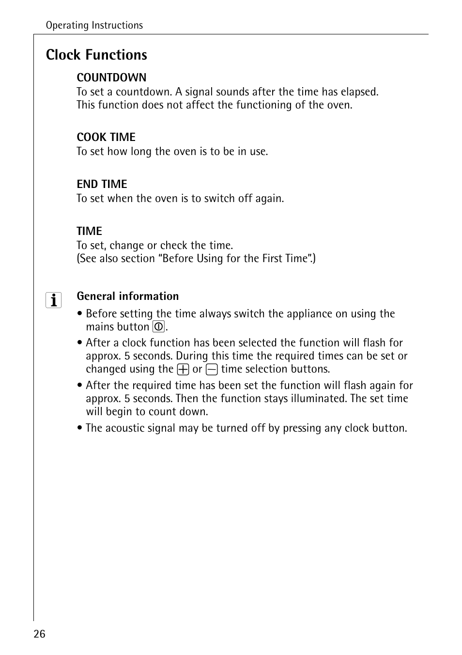 Clock functions | Electrolux B8340-1 User Manual | Page 26 / 80