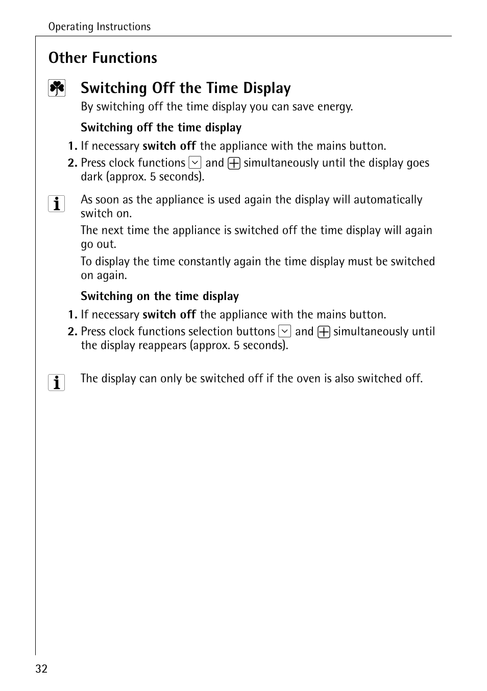 Other functions, Switching off the time display | Electrolux B8340-1 User Manual | Page 32 / 80