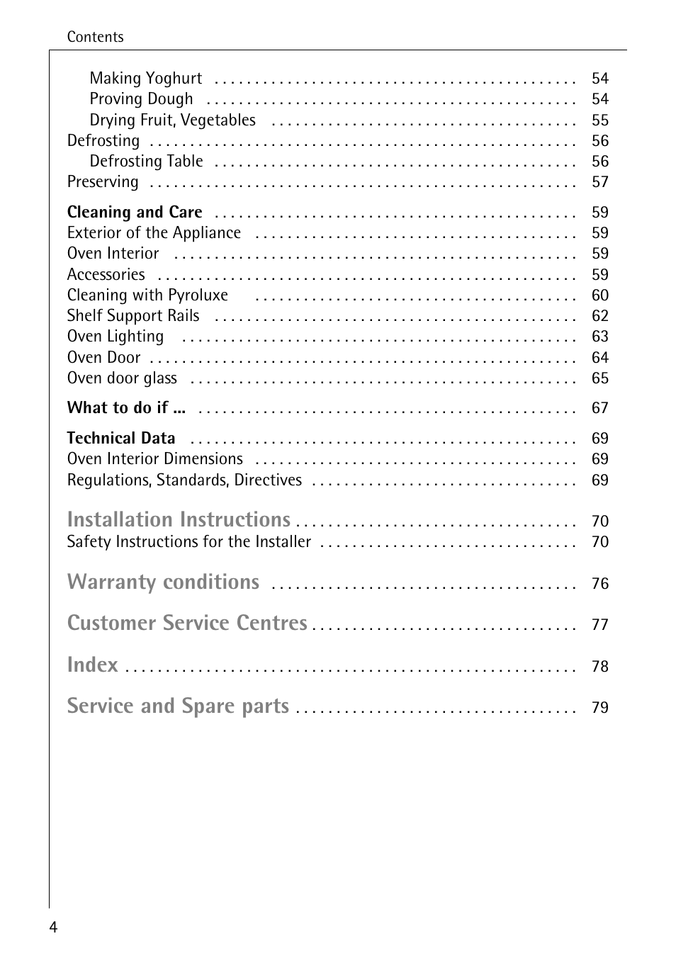 Installation instructions, Warranty conditions, Customer service centres | Index, Service and spare parts | Electrolux B8340-1 User Manual | Page 4 / 80