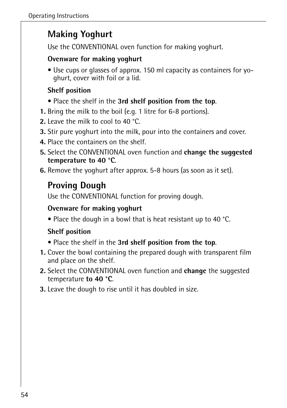 Making yoghurt, Proving dough | Electrolux B8340-1 User Manual | Page 54 / 80