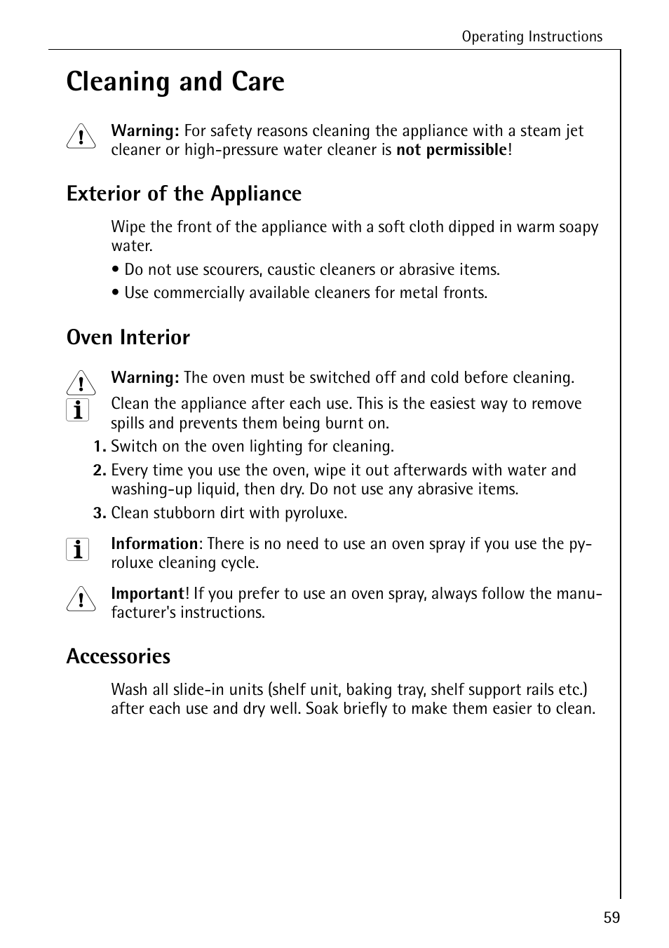 Cleaning and care, Exterior of the appliance, Oven interior | Accessories | Electrolux B8340-1 User Manual | Page 59 / 80