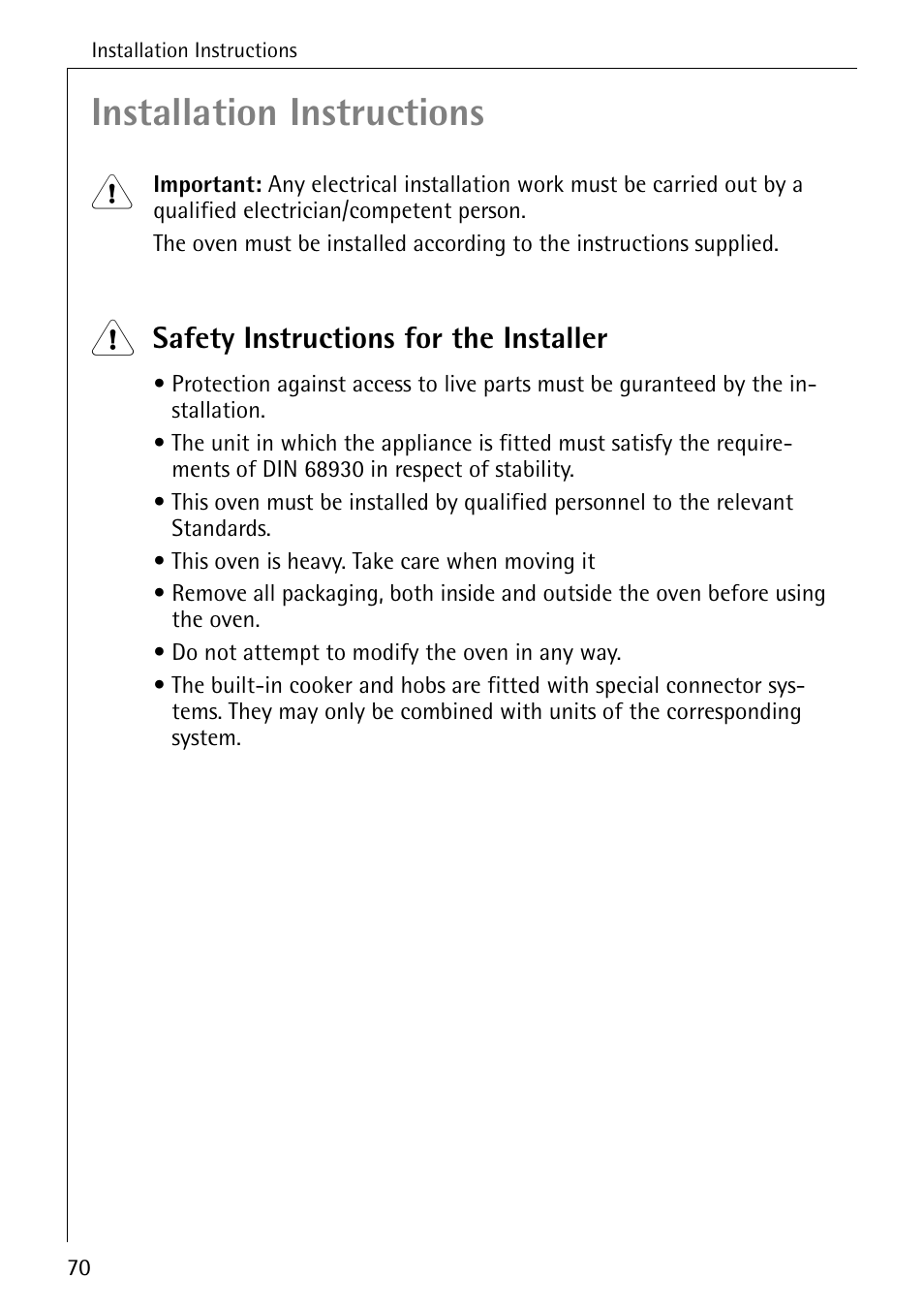 Installation instructions, Safety instructions for the installer | Electrolux B8340-1 User Manual | Page 70 / 80