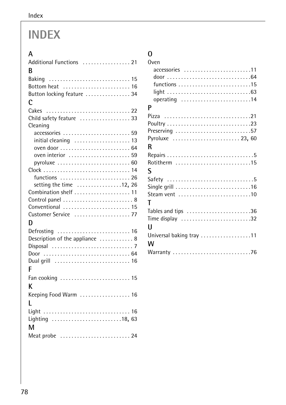 Index | Electrolux B8340-1 User Manual | Page 78 / 80