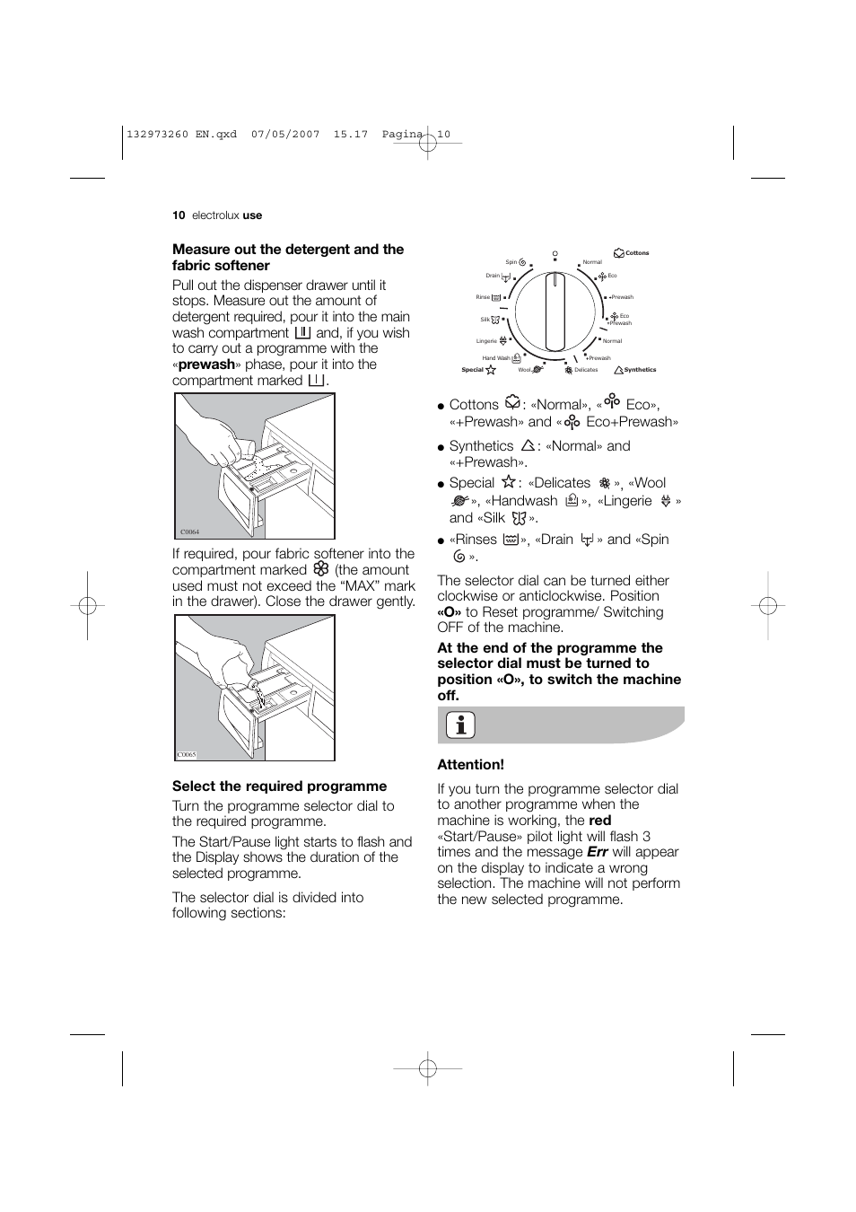 Synthetics : «normal» and «+prewash | Electrolux EWG 14440 W User Manual | Page 10 / 48