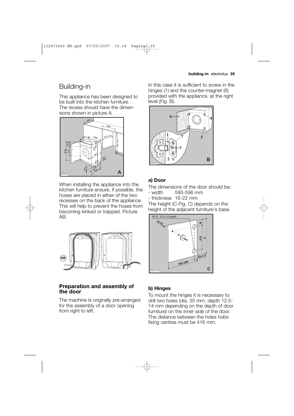 Building-in, Preparation and assembly of the door | Electrolux EWG 14440 W User Manual | Page 39 / 48