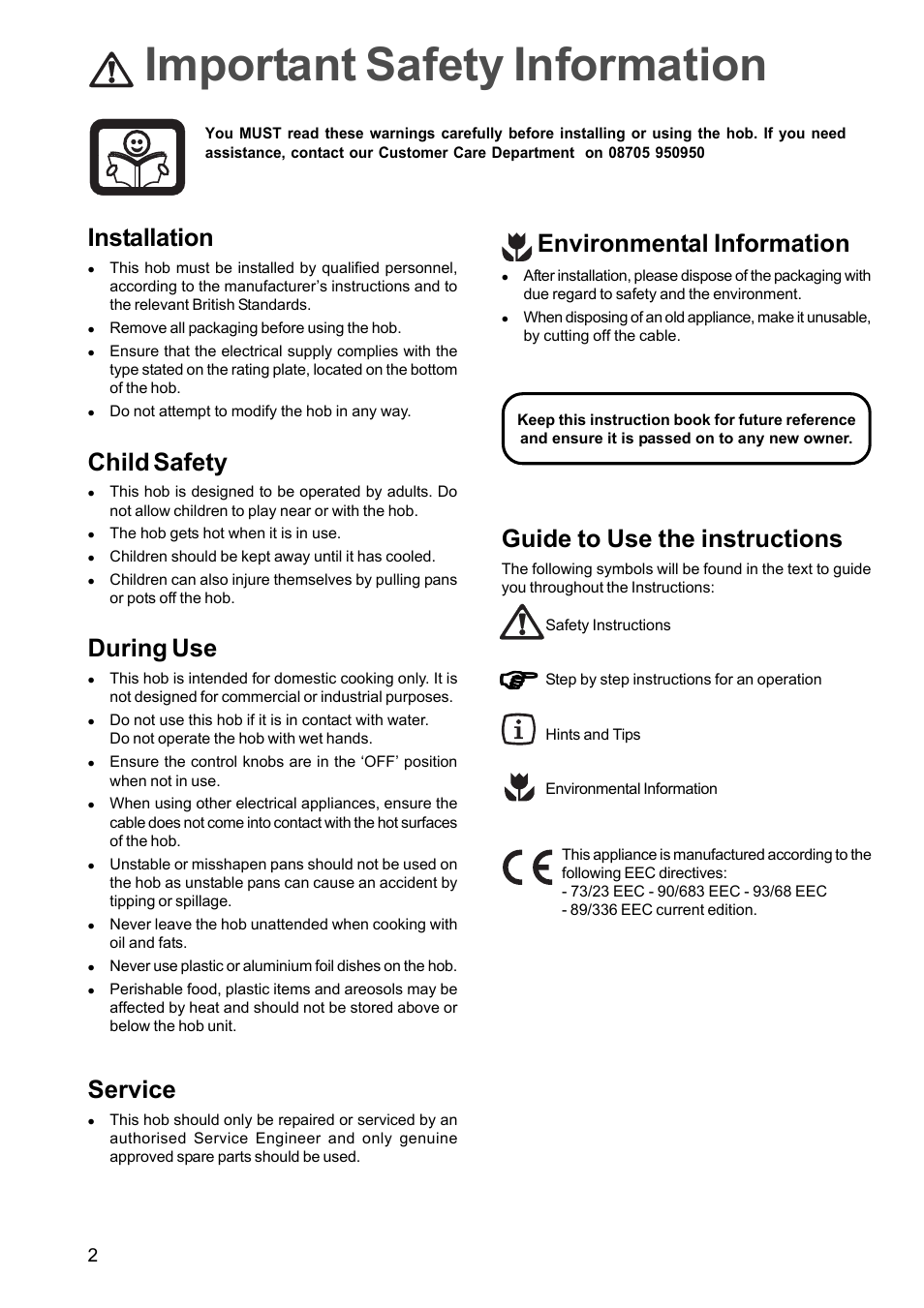 Important safety information, Guide to use the instructions, Installation | Child safety, During use, Service, Environmental information | Electrolux U25167 FEH 610 User Manual | Page 2 / 12