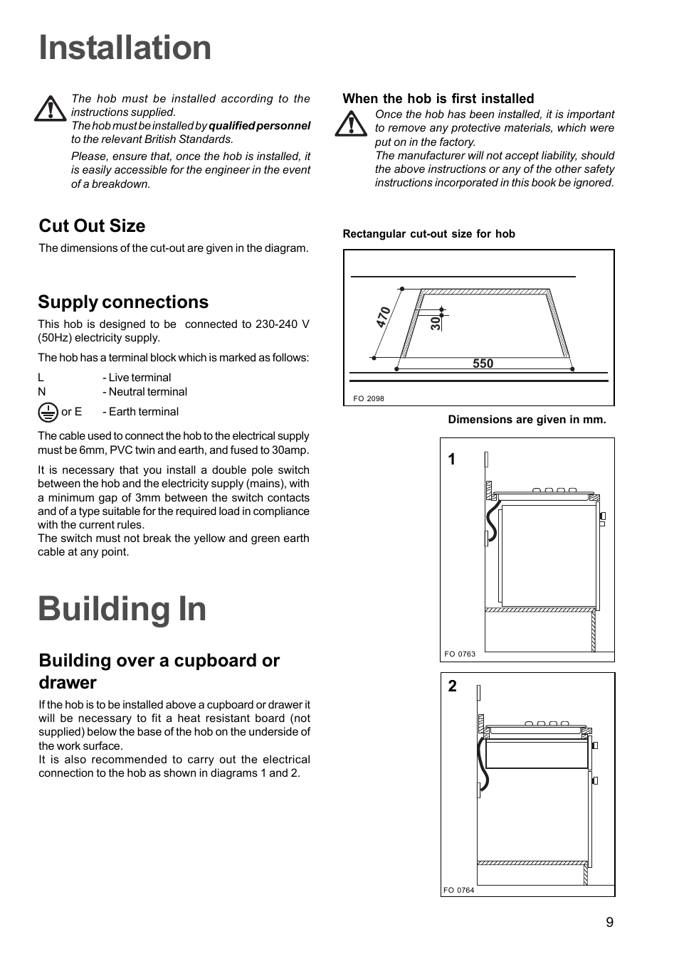 Building in, Installation, Building over a cupboard or drawer | Supply connections, Cut out size | Electrolux U25167 FEH 610 User Manual | Page 9 / 12