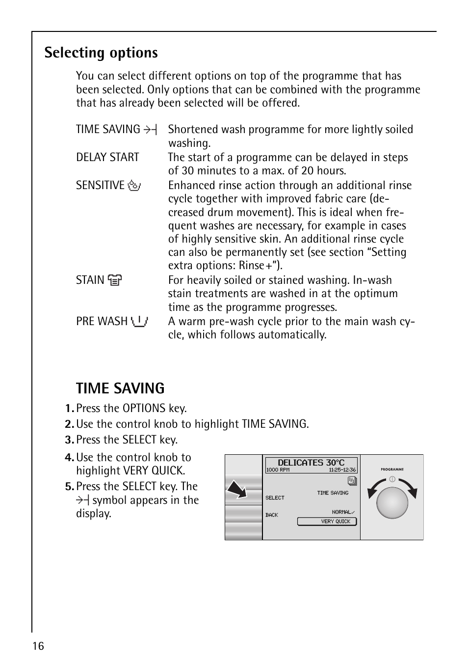 Selecting options, Time saving | Electrolux LAVALOGIC 1620 User Manual | Page 16 / 48