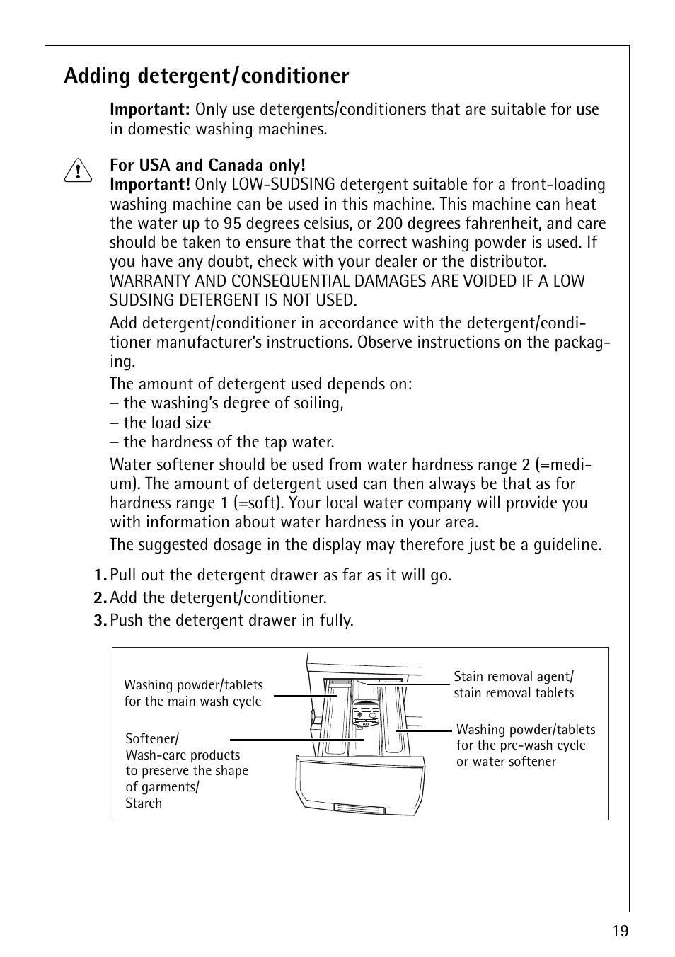 Adding detergent/conditioner | Electrolux LAVALOGIC 1620 User Manual | Page 19 / 48