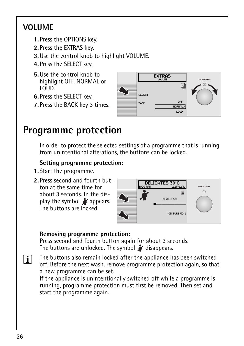 Programme protection, Volume, Disappears | Electrolux LAVALOGIC 1620 User Manual | Page 26 / 48