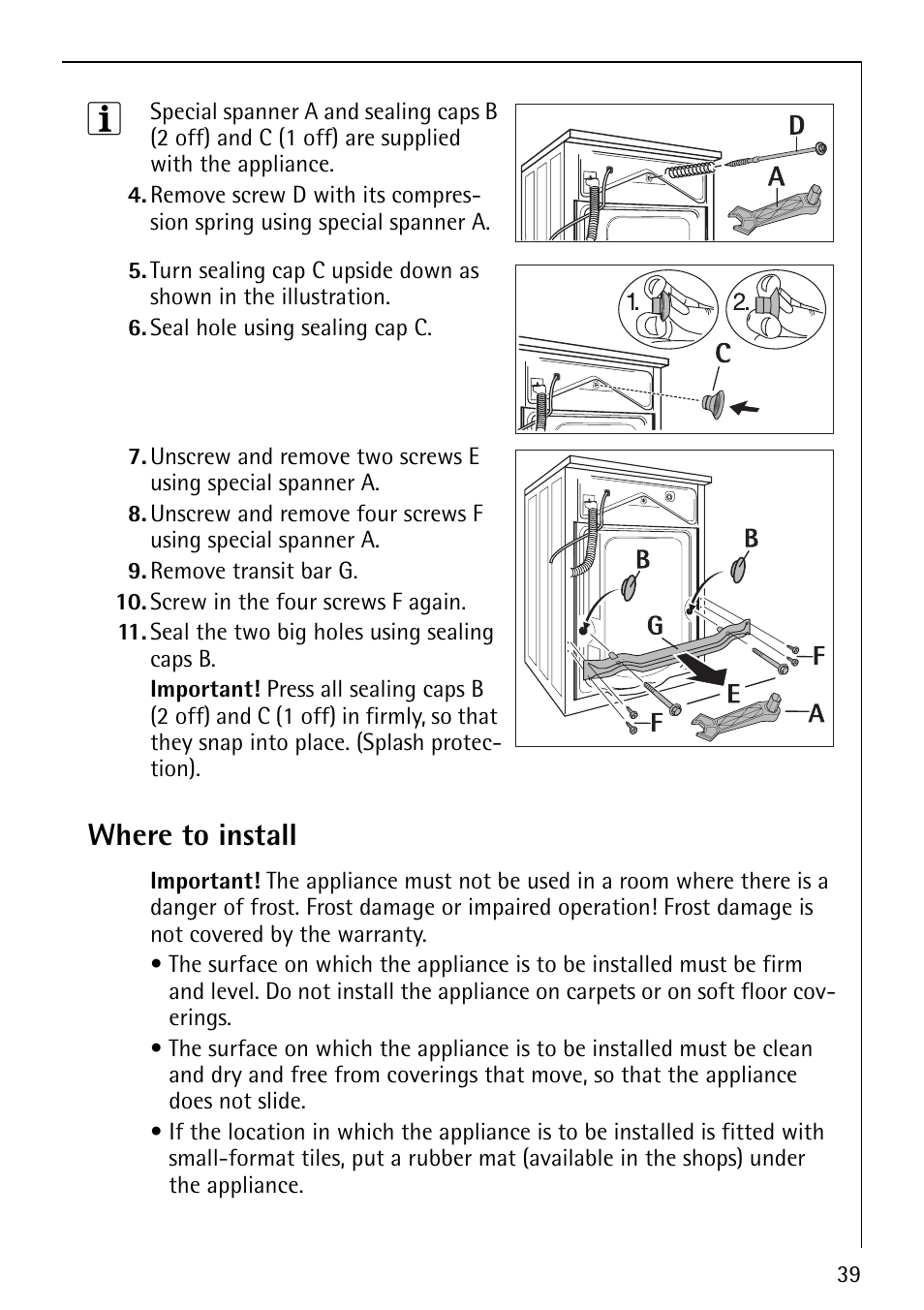 Where to install | Electrolux LAVALOGIC 1620 User Manual | Page 39 / 48