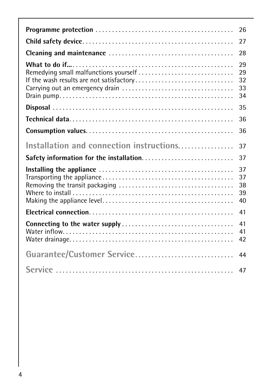 Installation and connection instructions, Guarantee/customer service, Service | Electrolux LAVALOGIC 1620 User Manual | Page 4 / 48